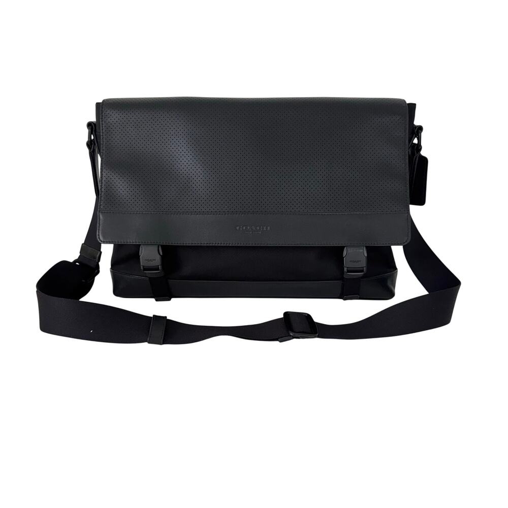 Coach Perforated Leather Nylon Sport Messenger Bag Black F71969